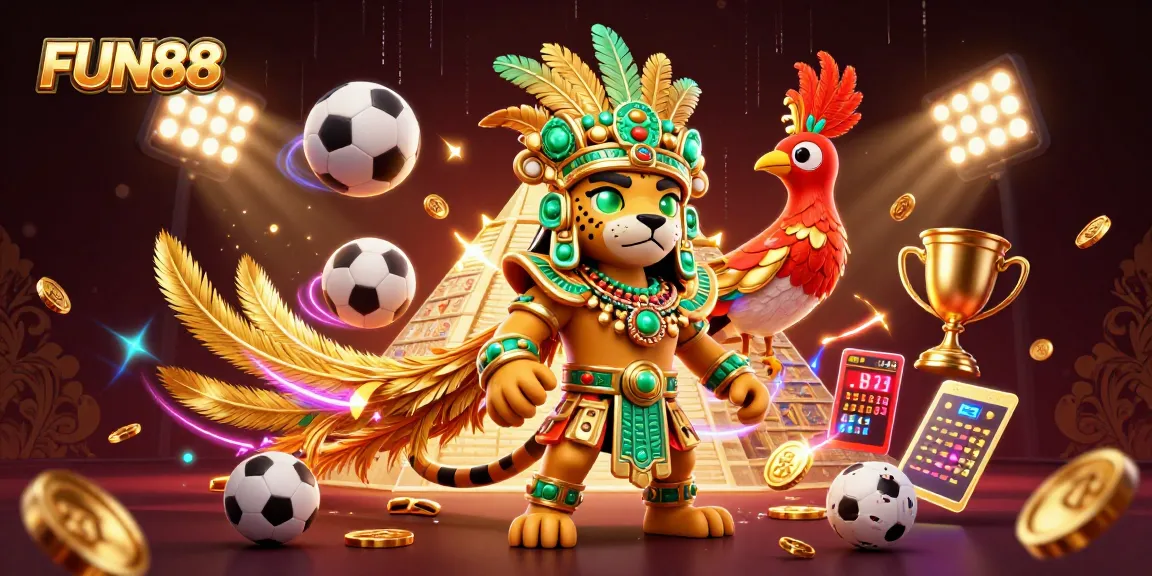 Experience FUN88’s vibrant online casino atmosphere with a Mayan jaguar priest and sports action.