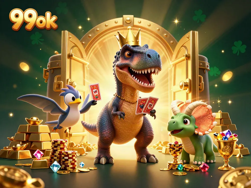 Engage with 99ok where a T-Rex shuffles cards amidst gold treasure, enhancing your gaming adventure.