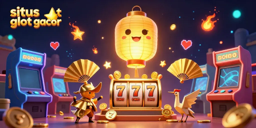 Visualize fun gaming on situs slot gacor with a vibrant casino scene showcasing lucky symbols, spirits, and arcade elements.