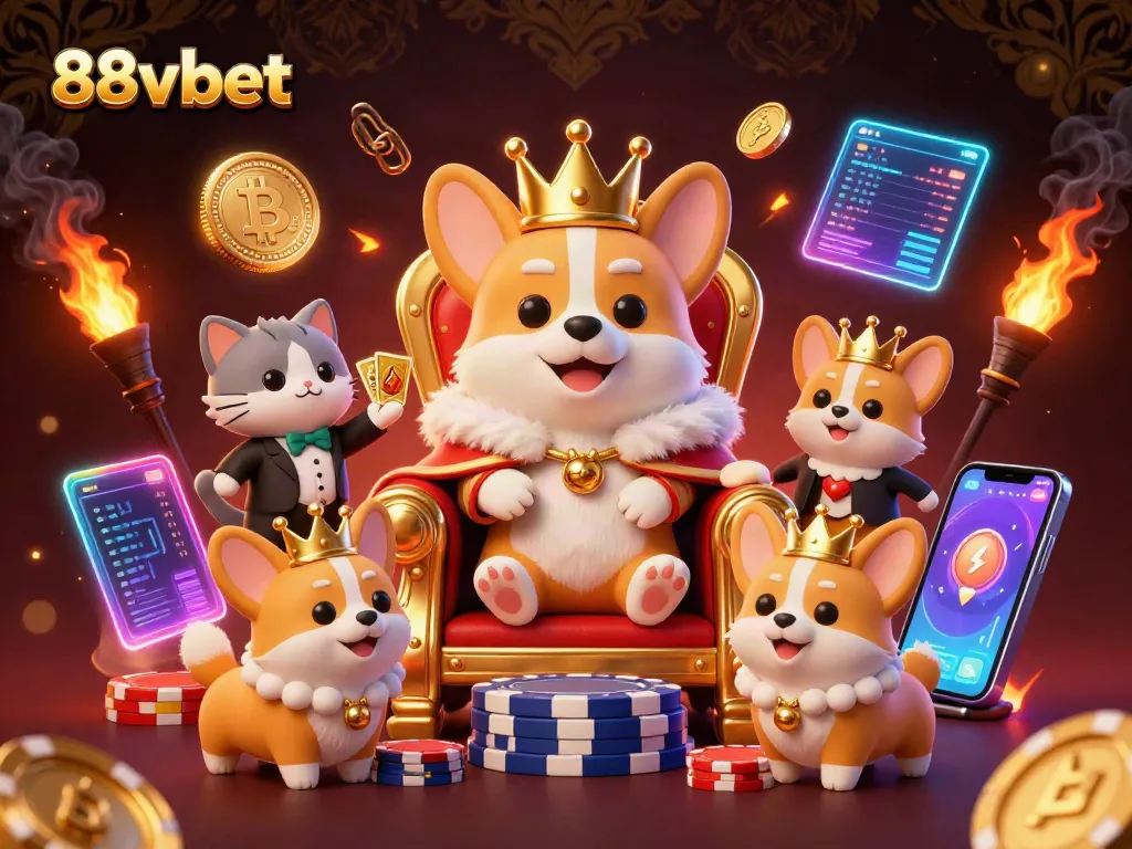 Play exciting games at 88vbet with vibrant 3D illustration of playful characters, poker chips, and cryptocurrency fun.