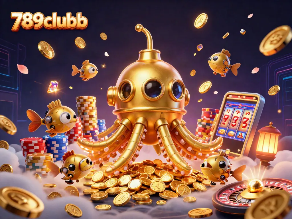 Experience thrilling games at 789clubb, featuring a golden kraken submarine amidst casino treasures.