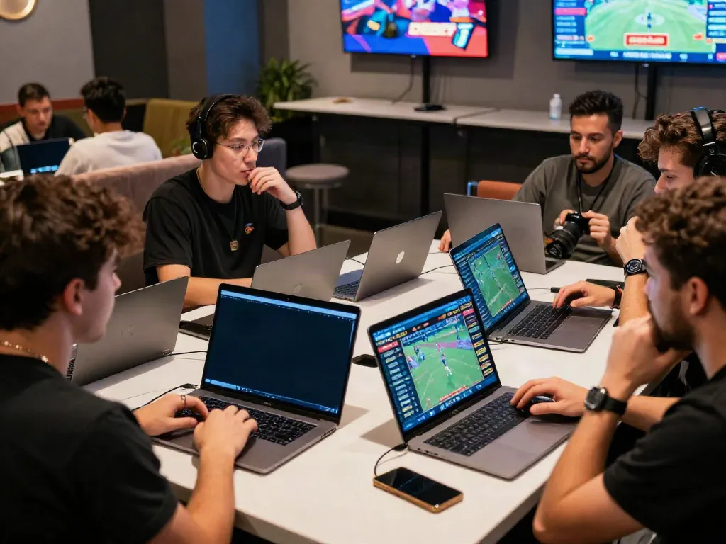 Enthusiastic bettors engaging with DEBET sports betting platform in a lively gaming lounge.