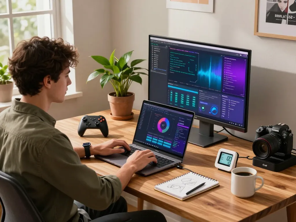Affordable tech gadgets showcased in a cozy home office with a professional using a laptop.