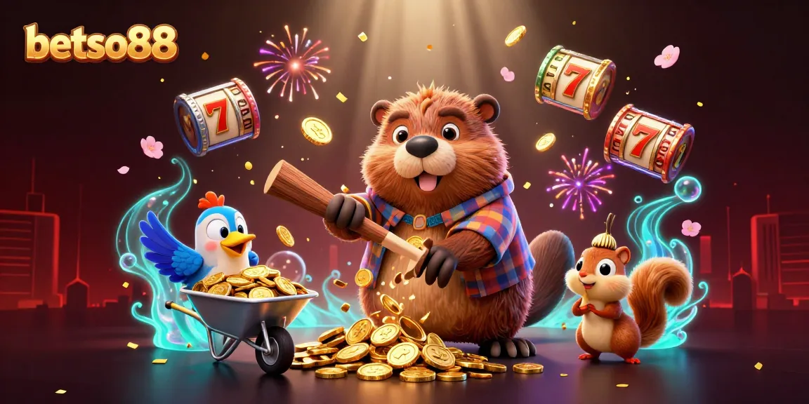 Engage with betso88 as the beaver chops a golden coin tree, surrounded by vibrant casino elements.