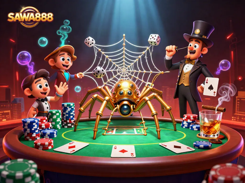Engage with SAWA888's thrilling steampunk casino scene, featuring a golden spider and high-stakes poker elements.