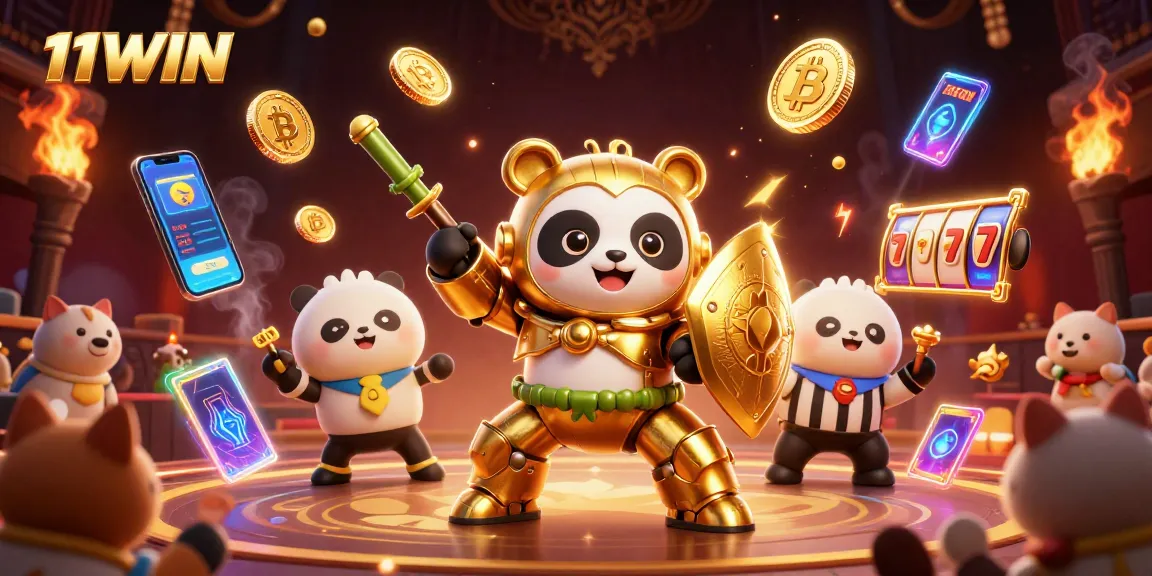 Experience 11WIN's vibrant casino scene with a golden panda in mech-suit adventure.
