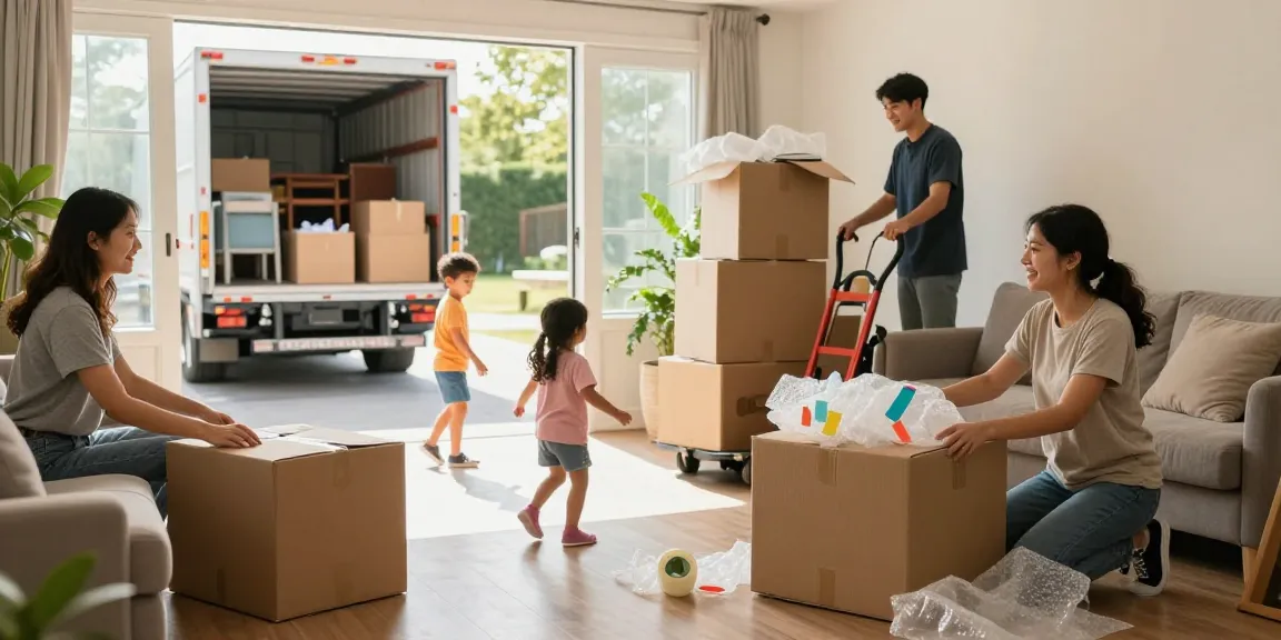 Family enjoying moving services in a cozy living room, packing boxes with cheerful movers.