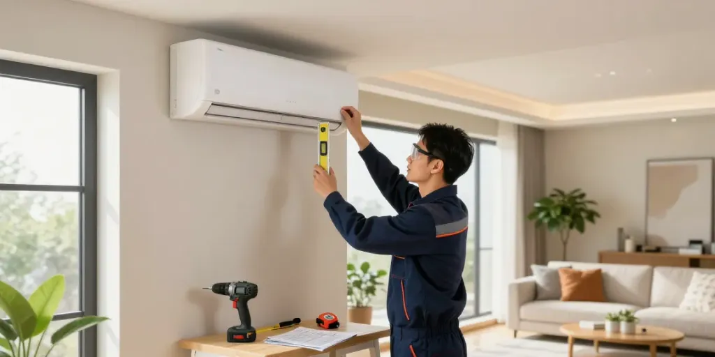 Technician installing a mini split of air conditioner, showcasing modern living room setup.