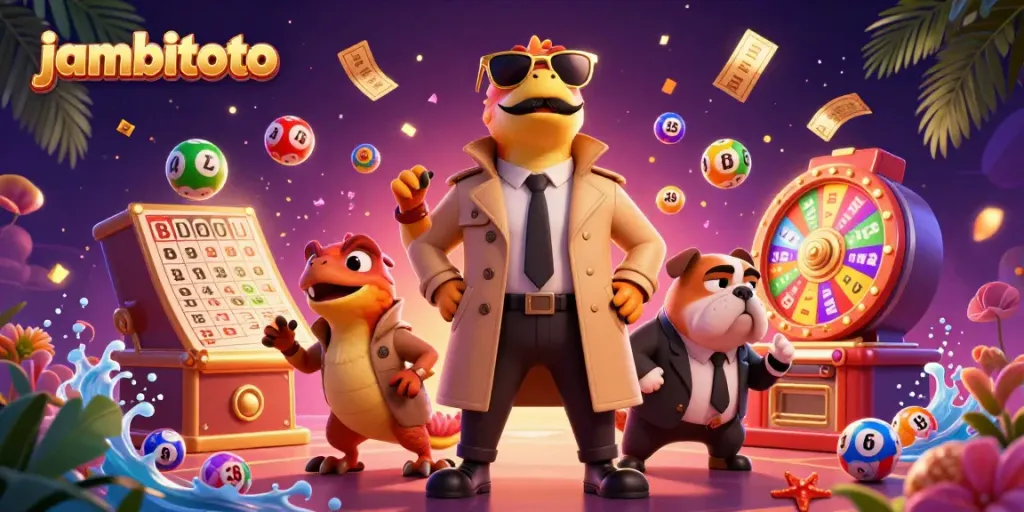 Three raptors in a trench coat sneak into the casino while vibrant lottery balls burst around them, promoting jambitoto.