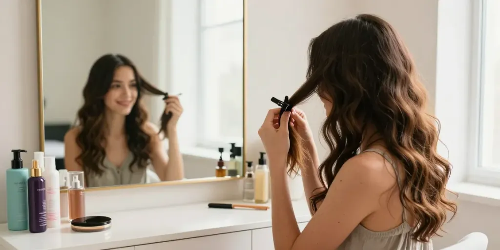 Applying clip in hair extensions in a stylish room with natural light.