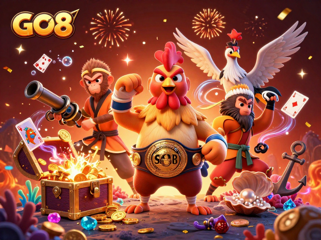 Engage with GO8's exciting offerings of casino games in a colorful, dynamic digital illustration.