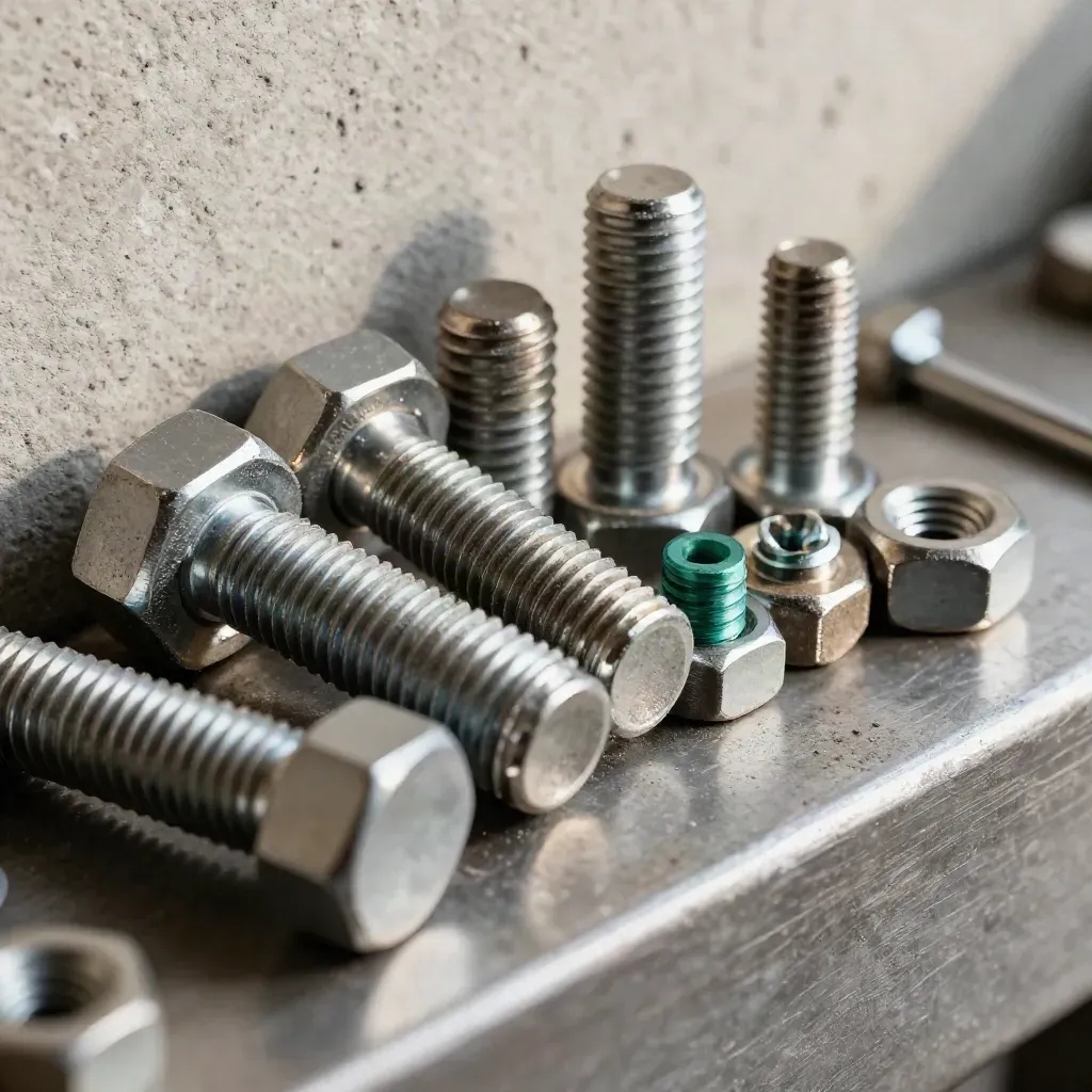 Machined bolts, nuts and a hex key fanned on a brushed metal tray with emerald accent.