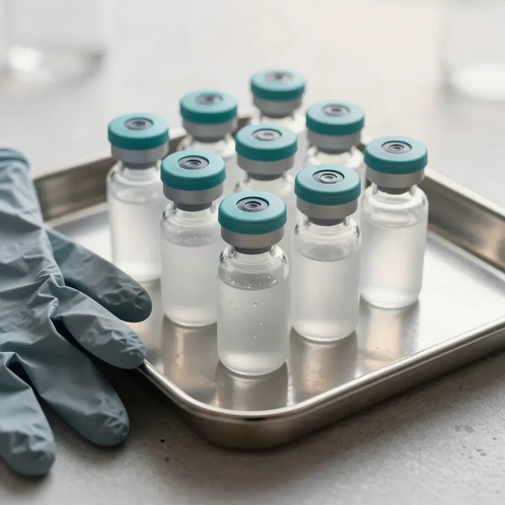 Biotech sample vials, folded gloves, and a steel tray in a tight macro still life.