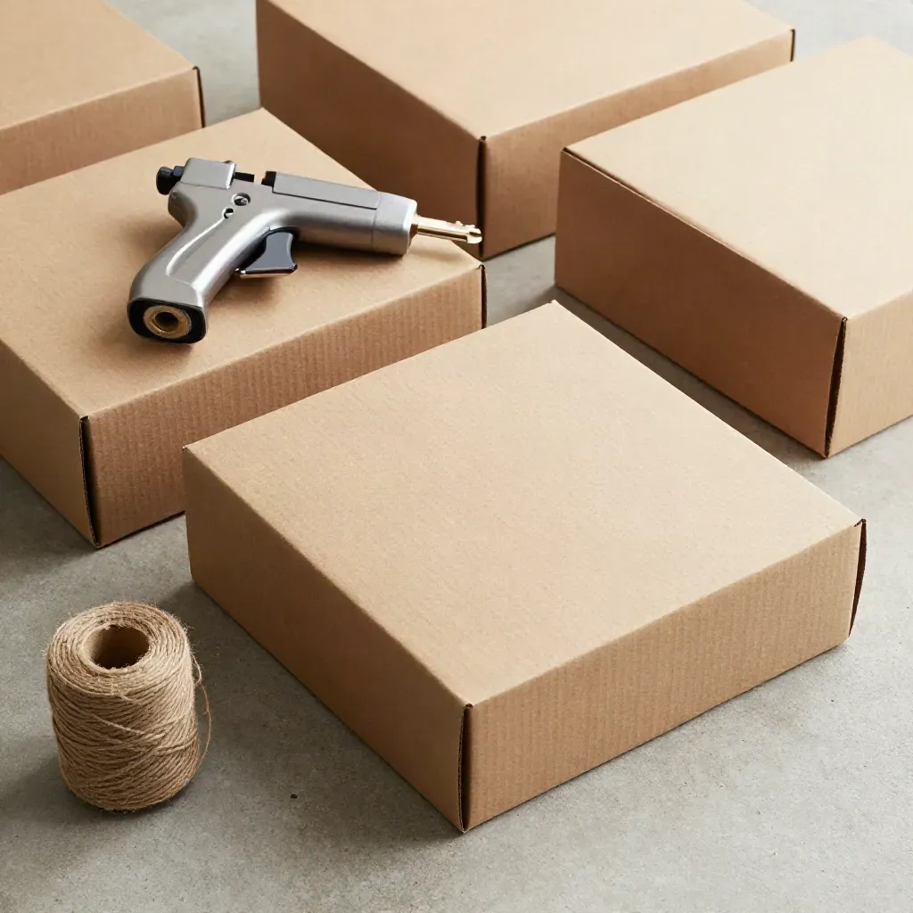Flat lay of e-commerce mailers, boxes, tape gun, and twine on matte concrete.