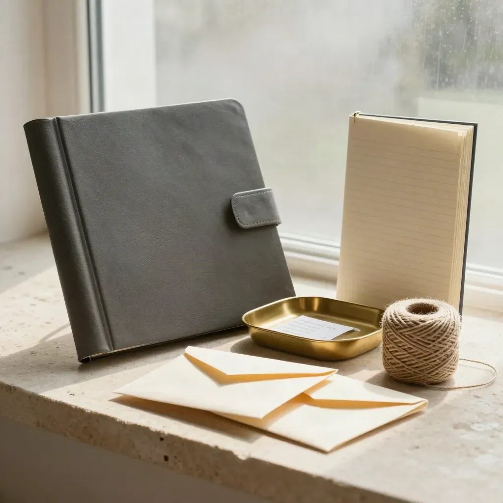 Charcoal ledger binder, brass tray, envelopes, and twine on pale stone with rain-soft light.