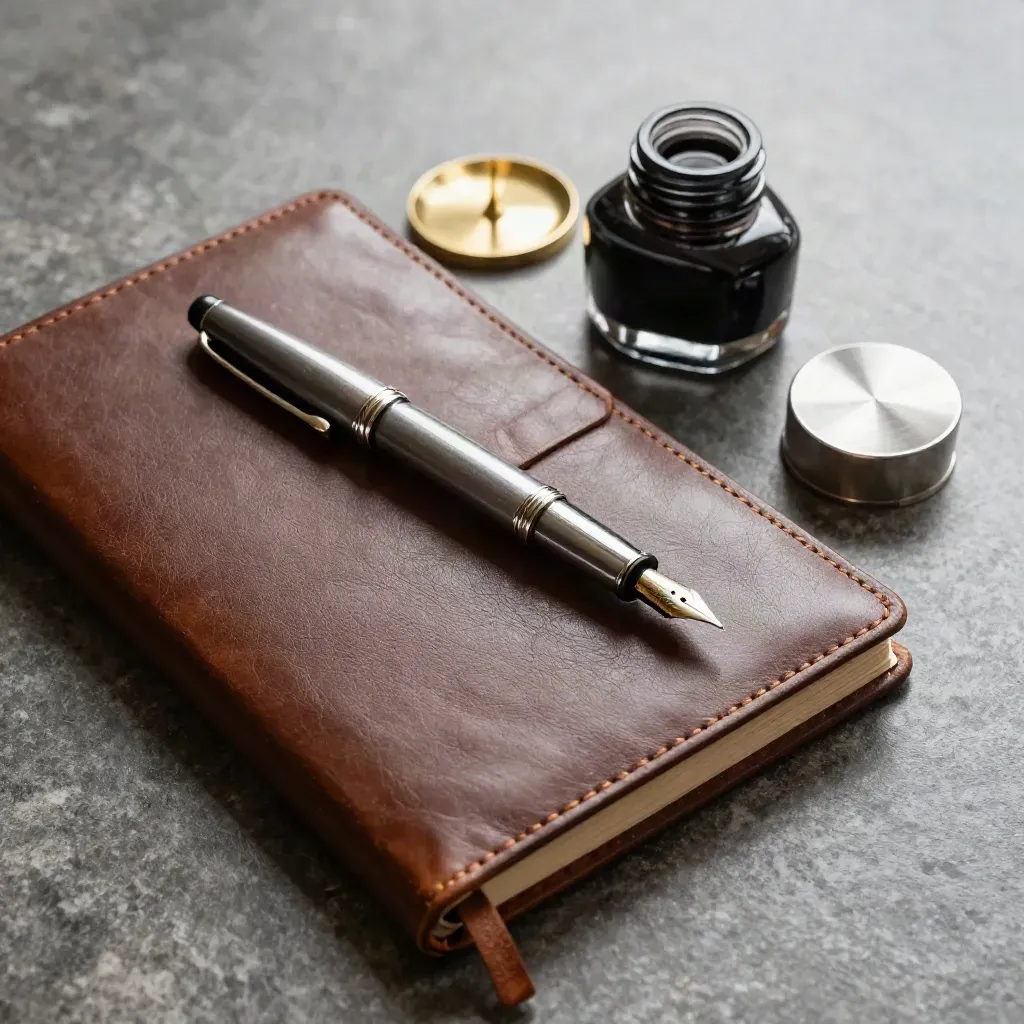 Top-down still life of a pen, ledger, blotter, inkwell, and silver paperweight on stone.