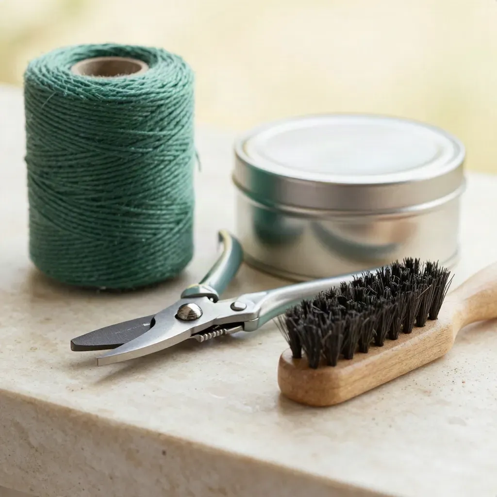 Pruning shears, twine, seed tin, and soil brush on travertine stone with soft garden dust.