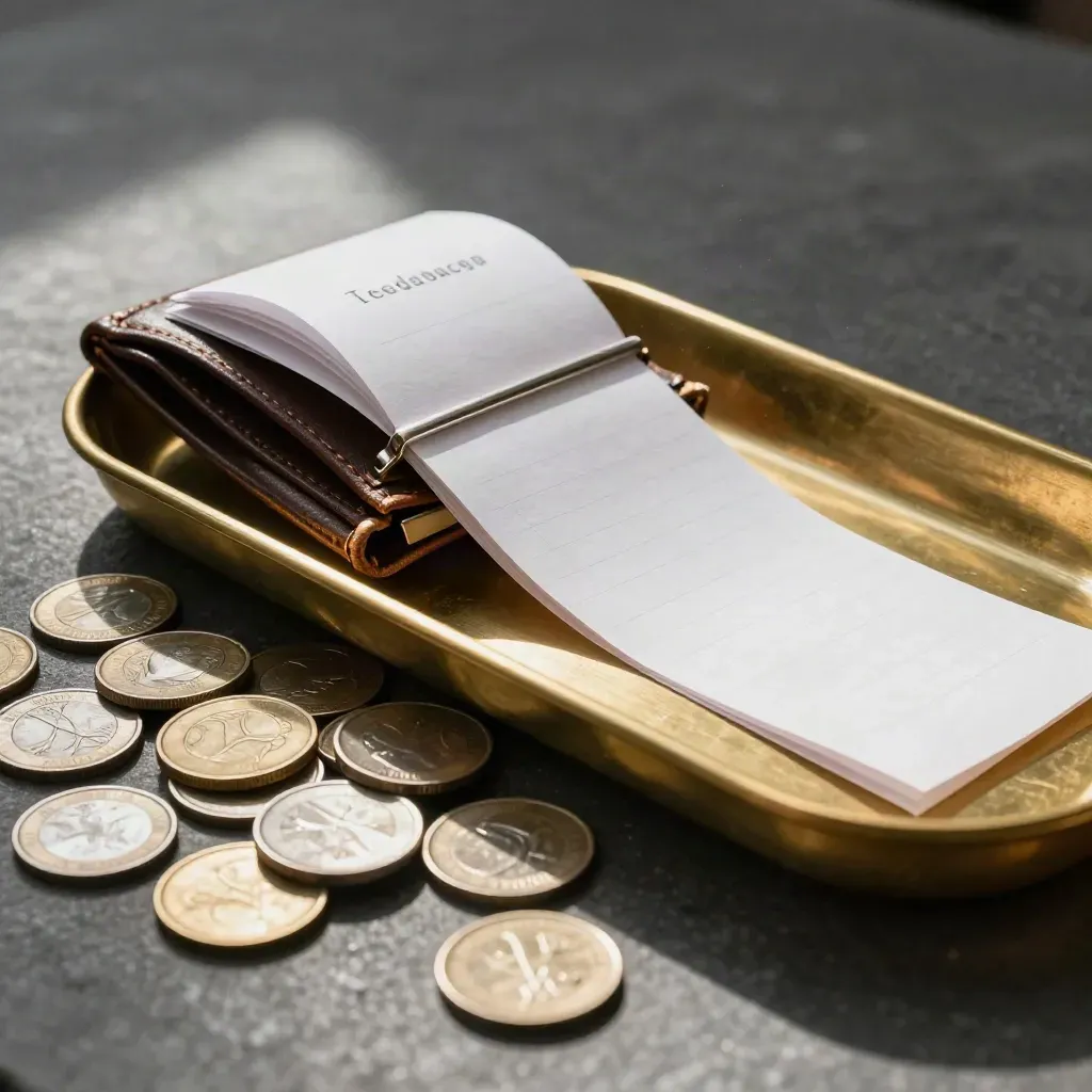 Brass cash tray, mixed coins, receipt wallet, and ledger sheets on graphite stone.