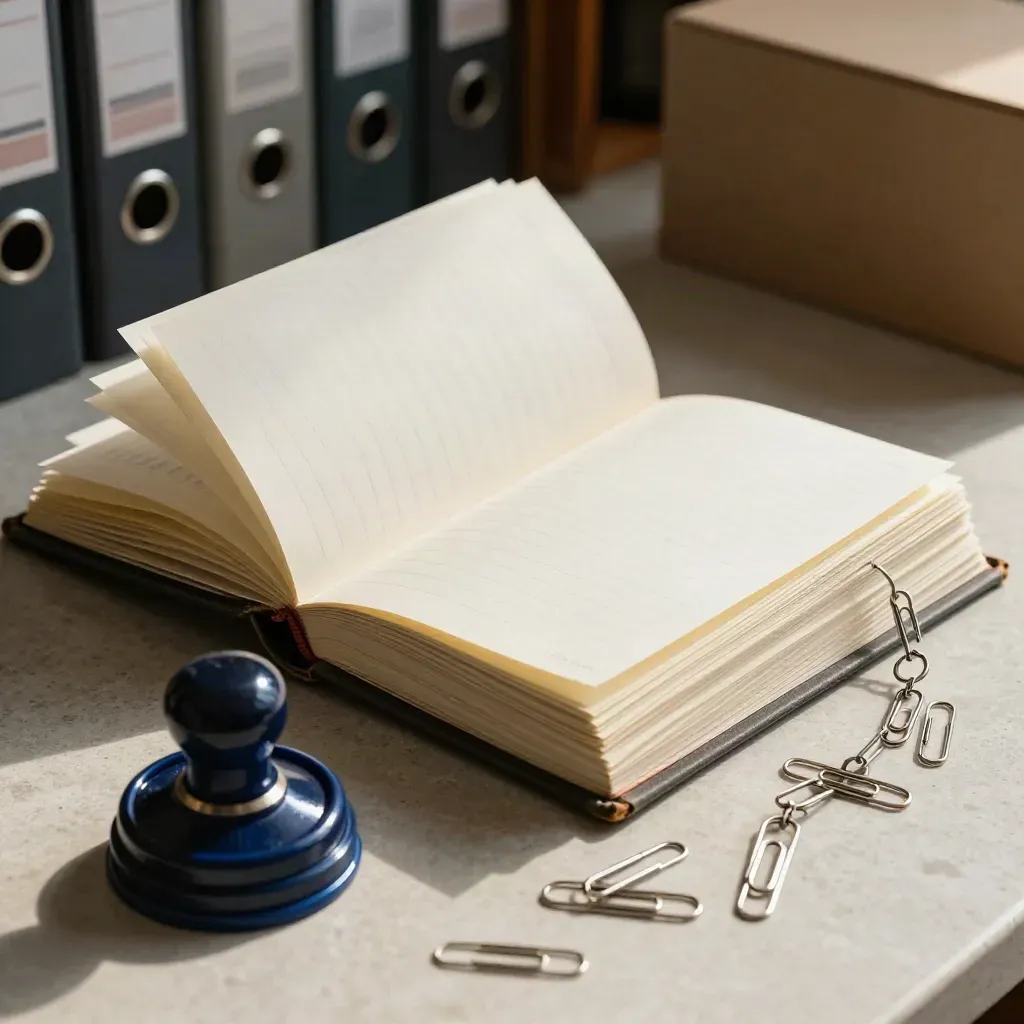 Ledger binder, stamp pad, and paper clips on stone with dramatic light