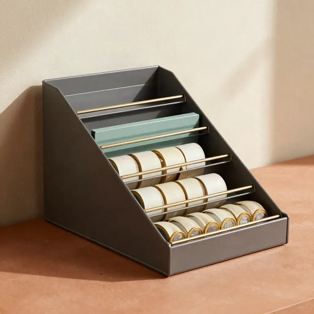 Modular filing tray with blank dividers and coin rolls on a terracotta plinth