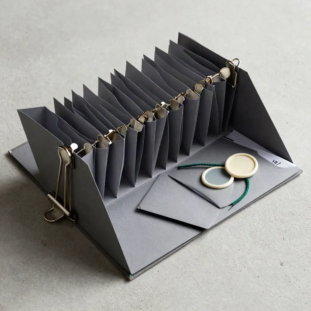 Accordion tax organizer with clamps and seal kit on concrete, top-down macro