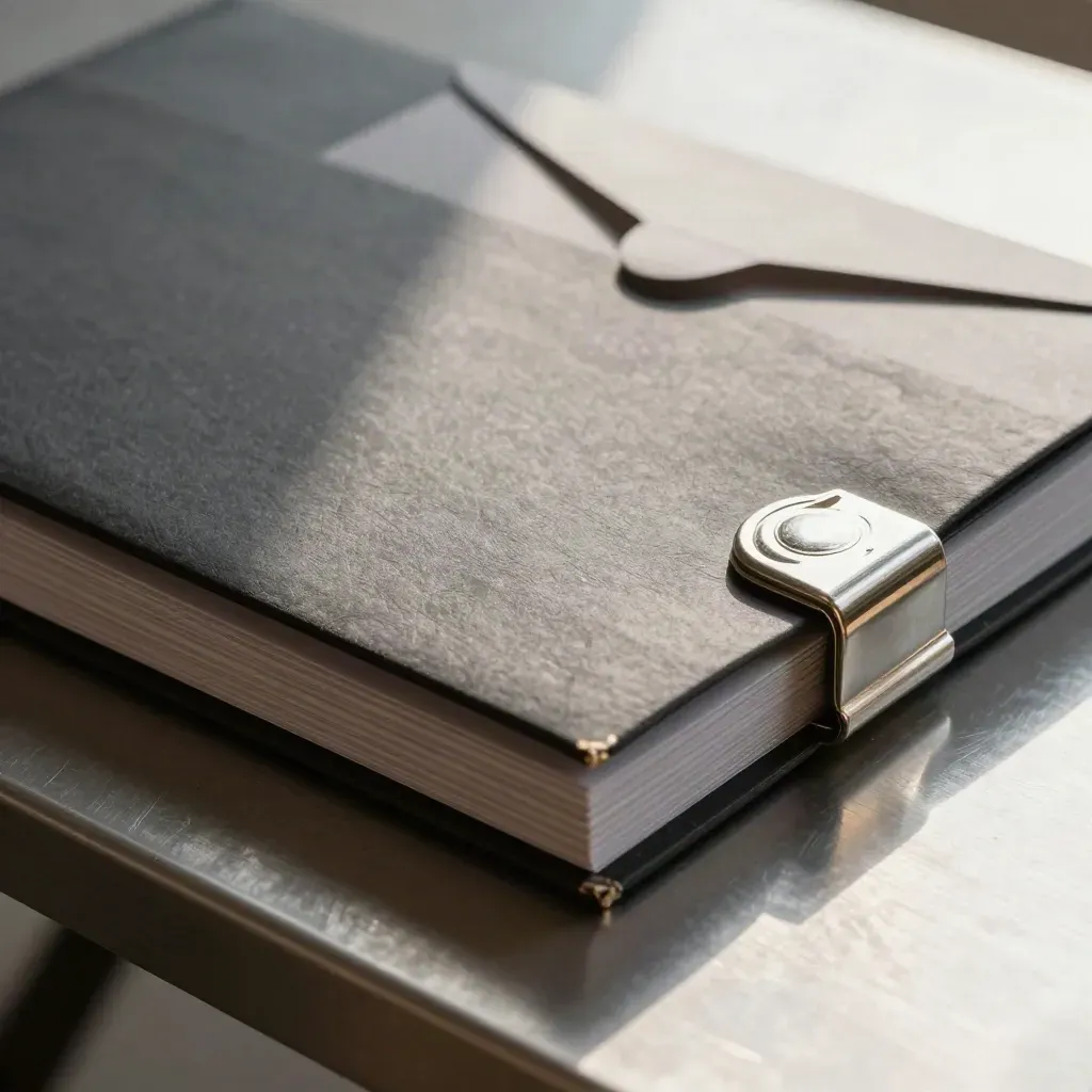 Loan-ready underwriting packet clipped tight with seal and envelope sleeves on brushed metal.