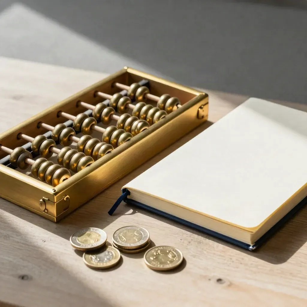 Brass abacus, ledger notebook, and coin stacks on pale wood in a tight finance macro.
