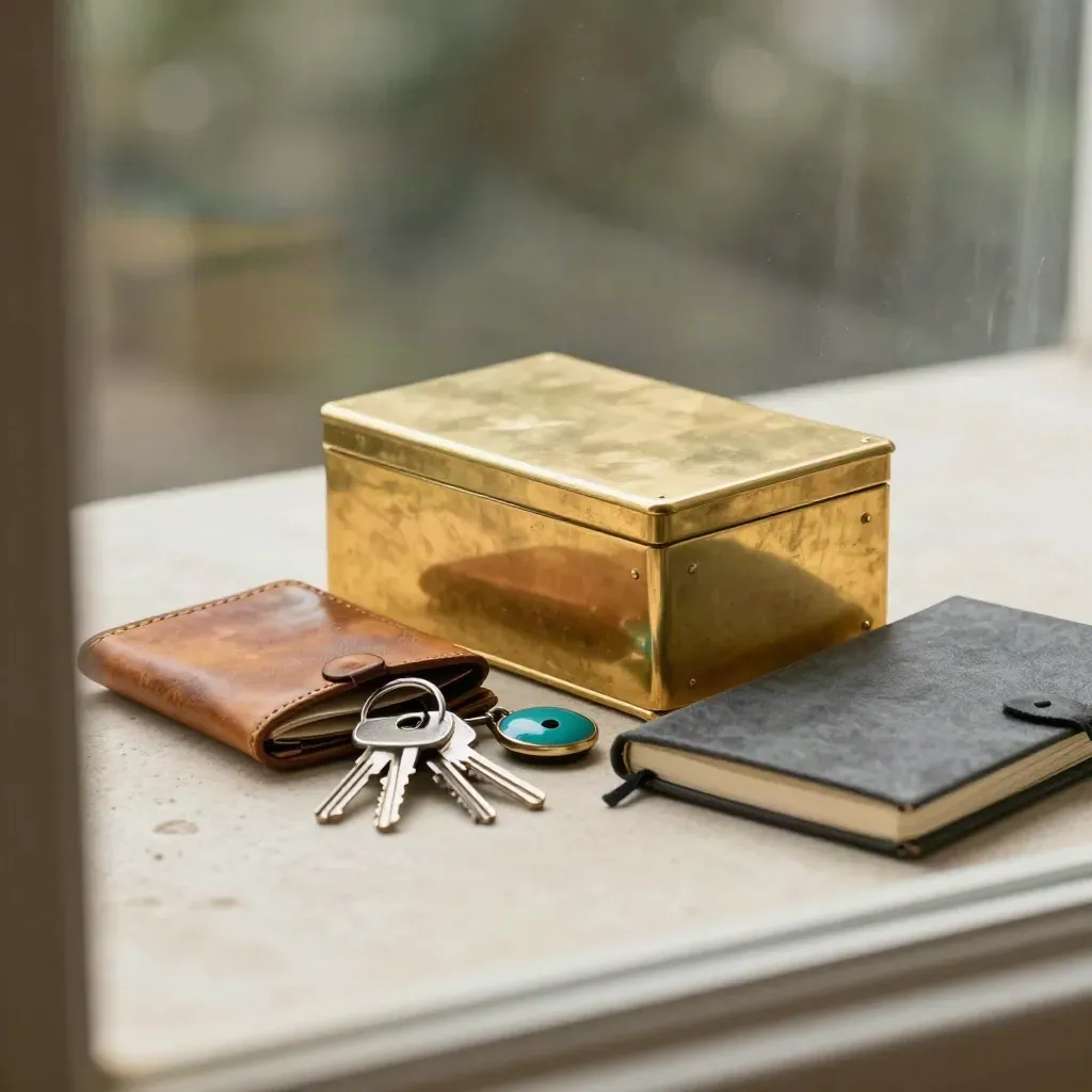 Brass cash box, receipt wallet, keys, and pocket notebook behind blurred glass