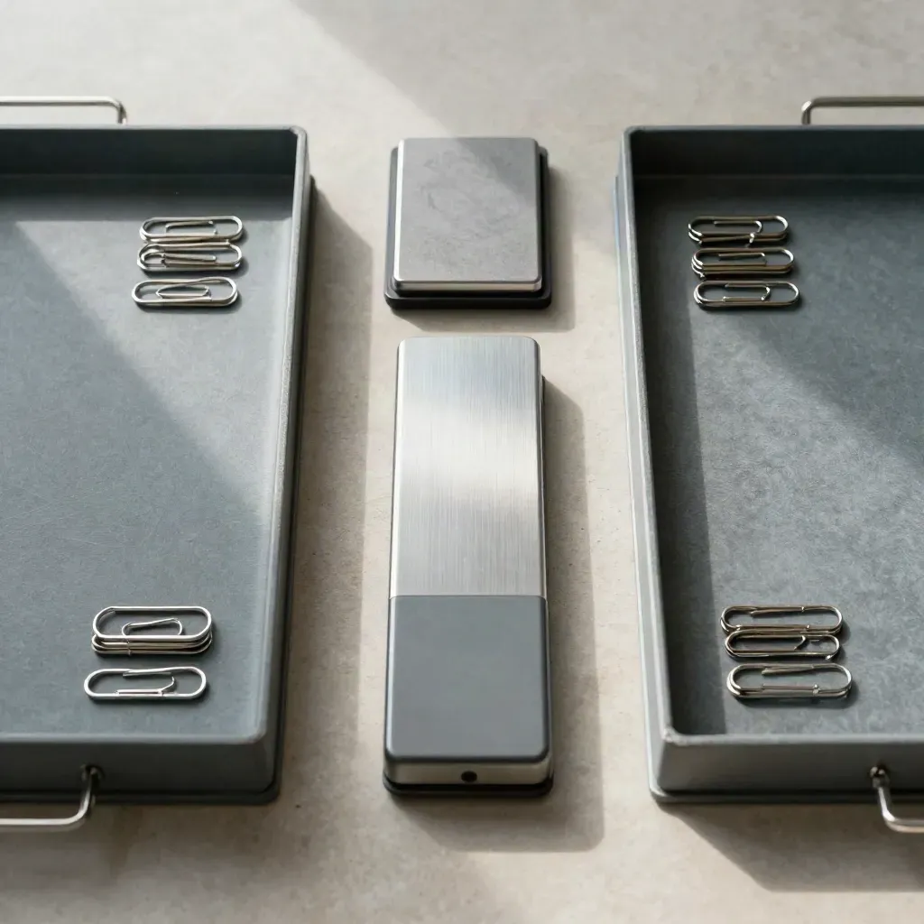 Top-down finance office still life with trays, stamp pad, clips, and binder