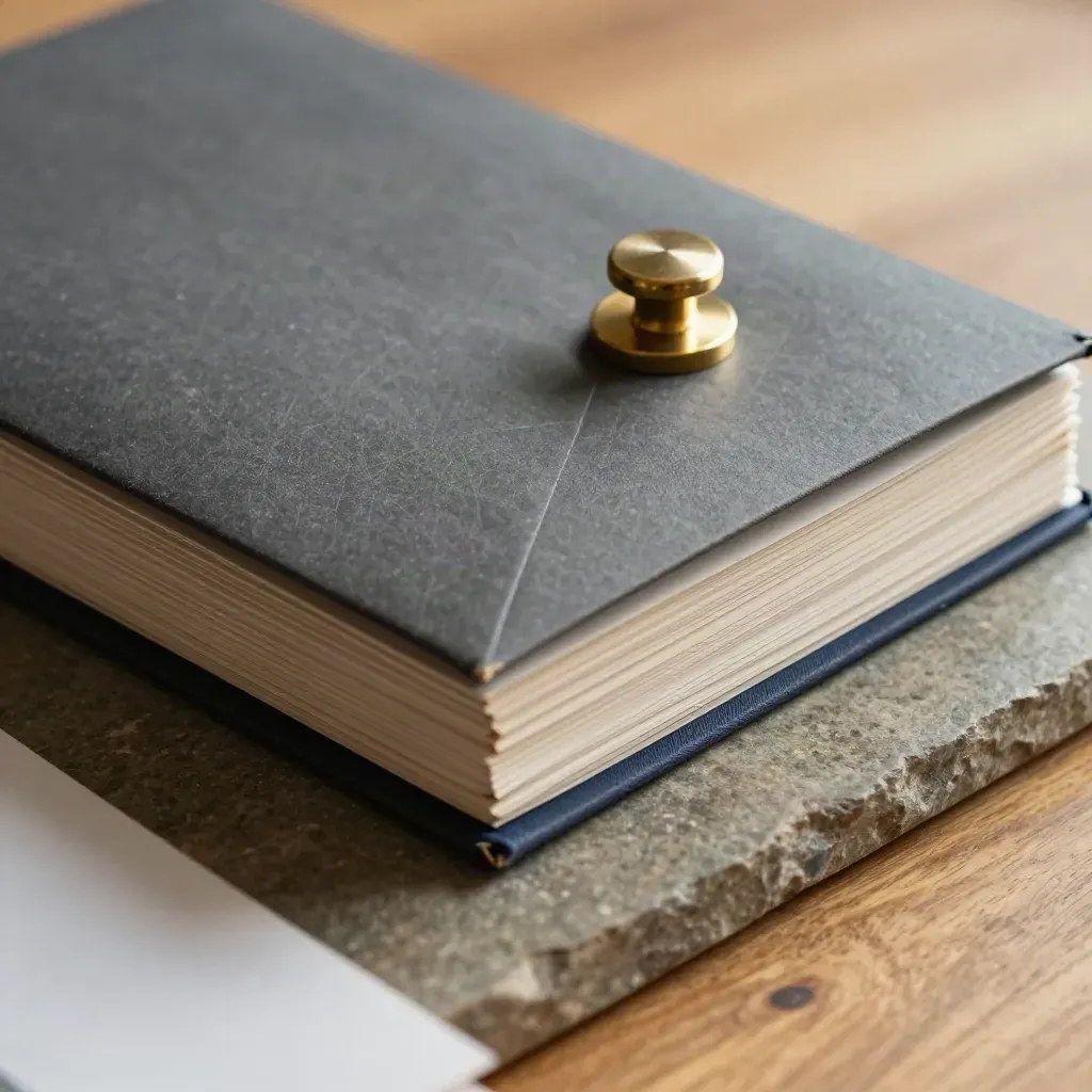 Loan folder clipped shut with envelope stack and brass seal on a stone slab.