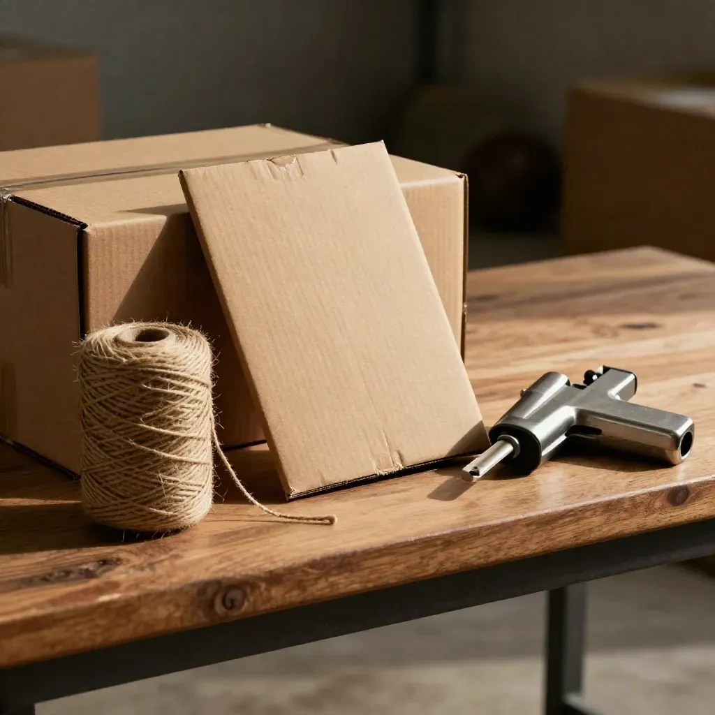 Kraft mailers, blank boxes, twine and a tape gun on a warm packing bench with soft bokeh.