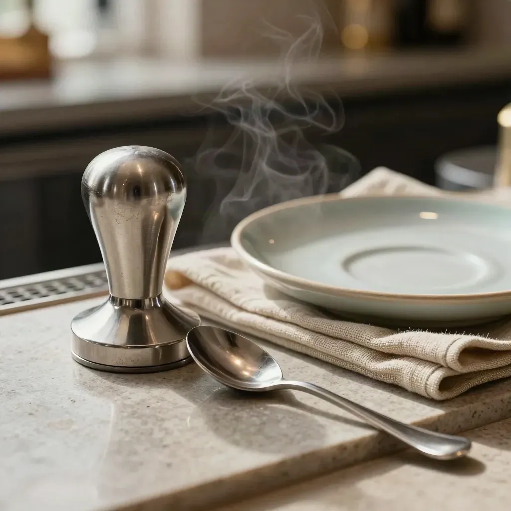 Espresso tamper, tasting spoon, saucer and folded linen on stone with soft steam and dark bokeh.