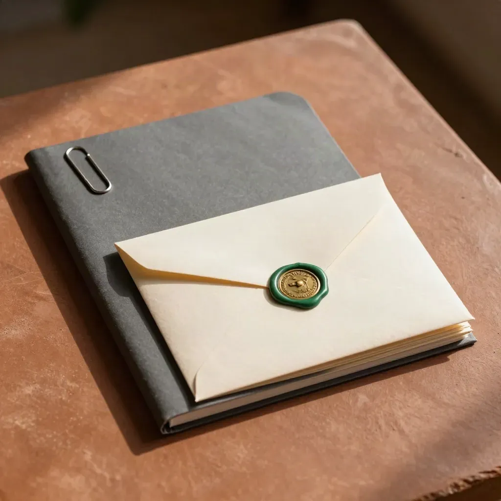 Loan packet still life with folder, clips, sealed envelope and brass stamp on terracotta surface.
