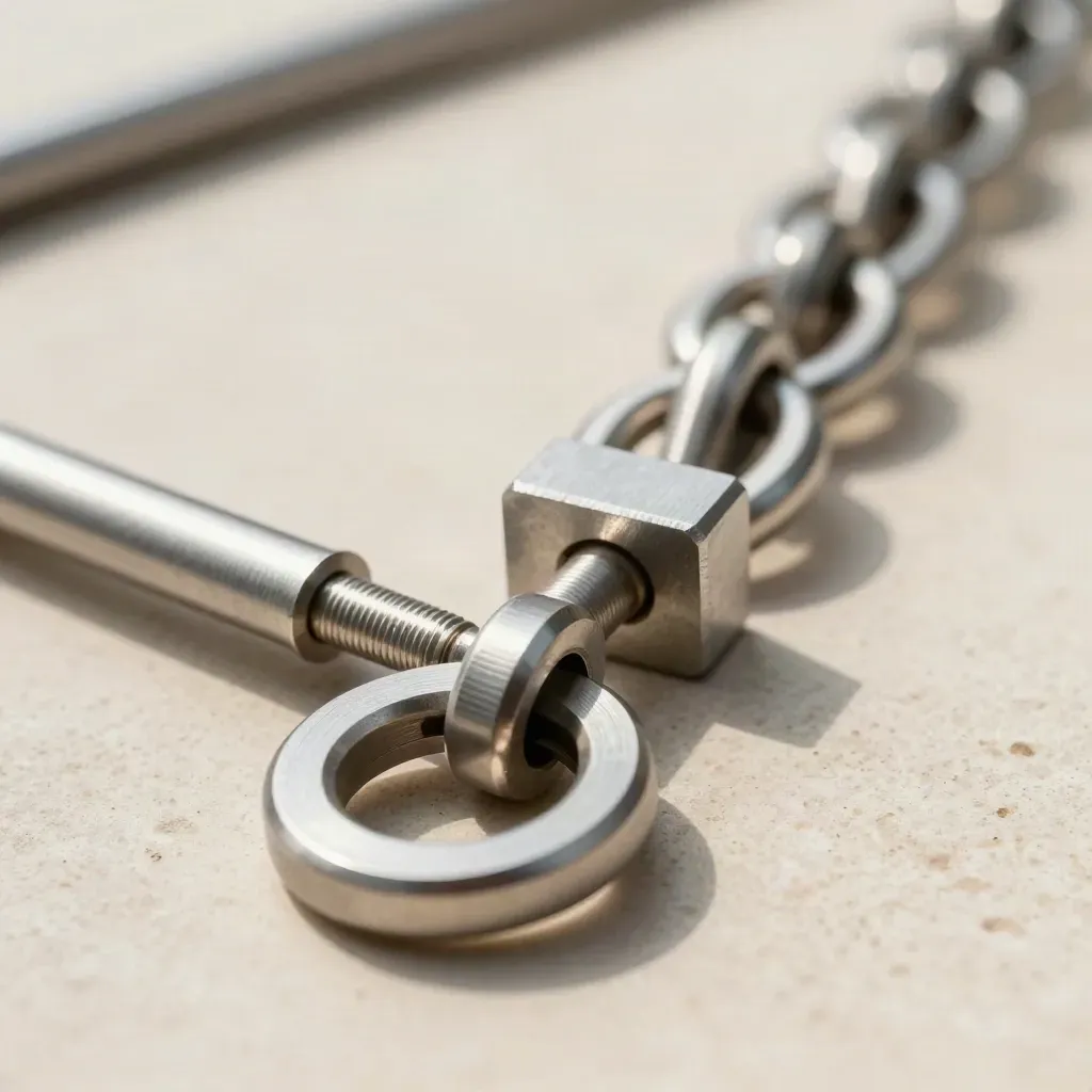 Machined aluminum blocks and steel rings linked in a diagonal workflow chain on pale stone.