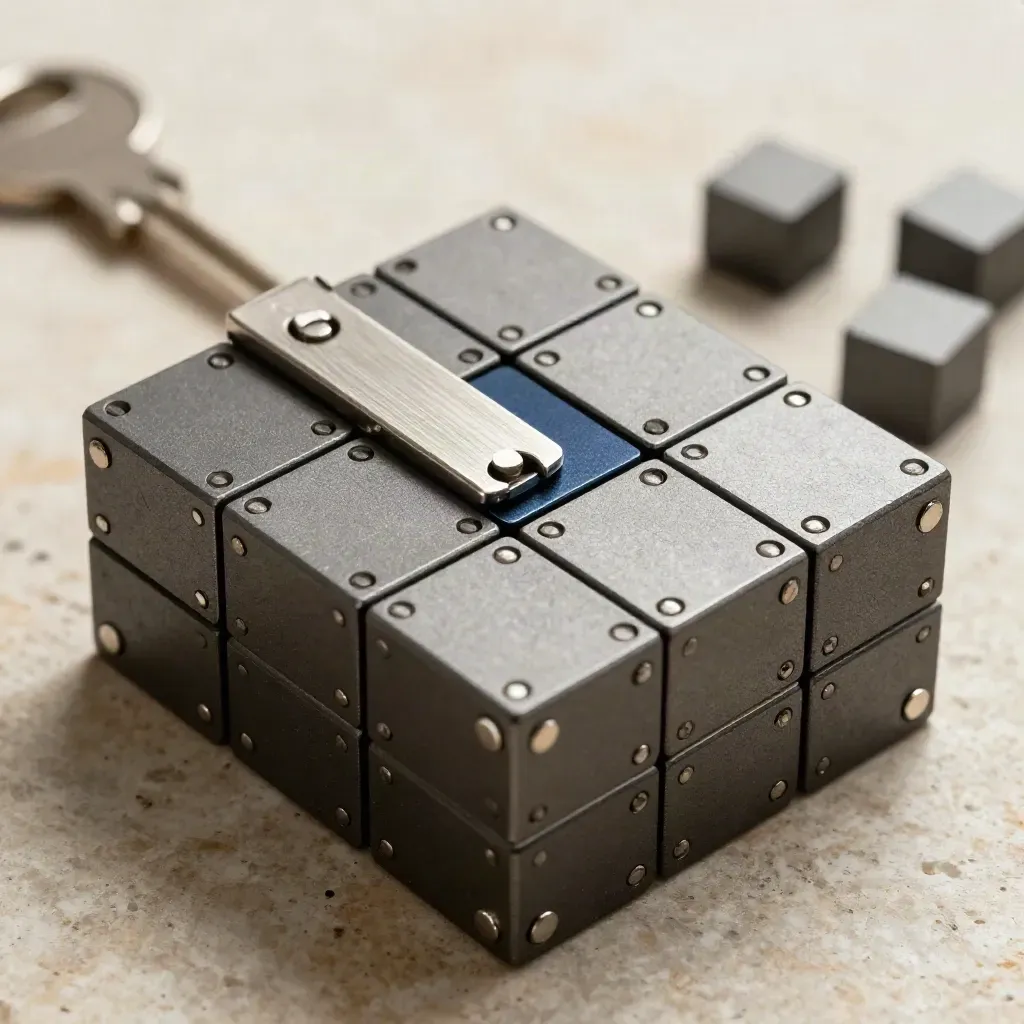 Graphite modular cubes with magnetic joints and a brushed clasp on limestone.