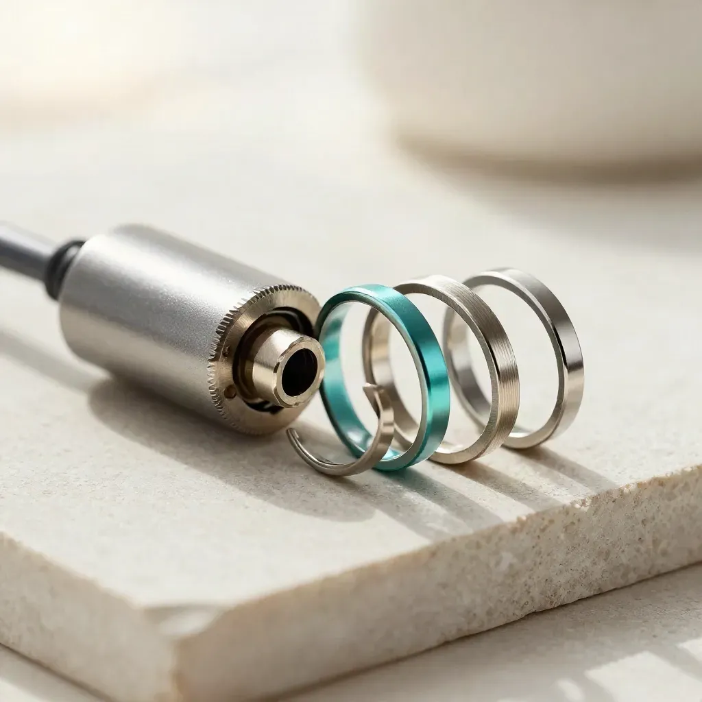 Macro of precision metal rings and cable ferrules on pale stone with a teal accent
