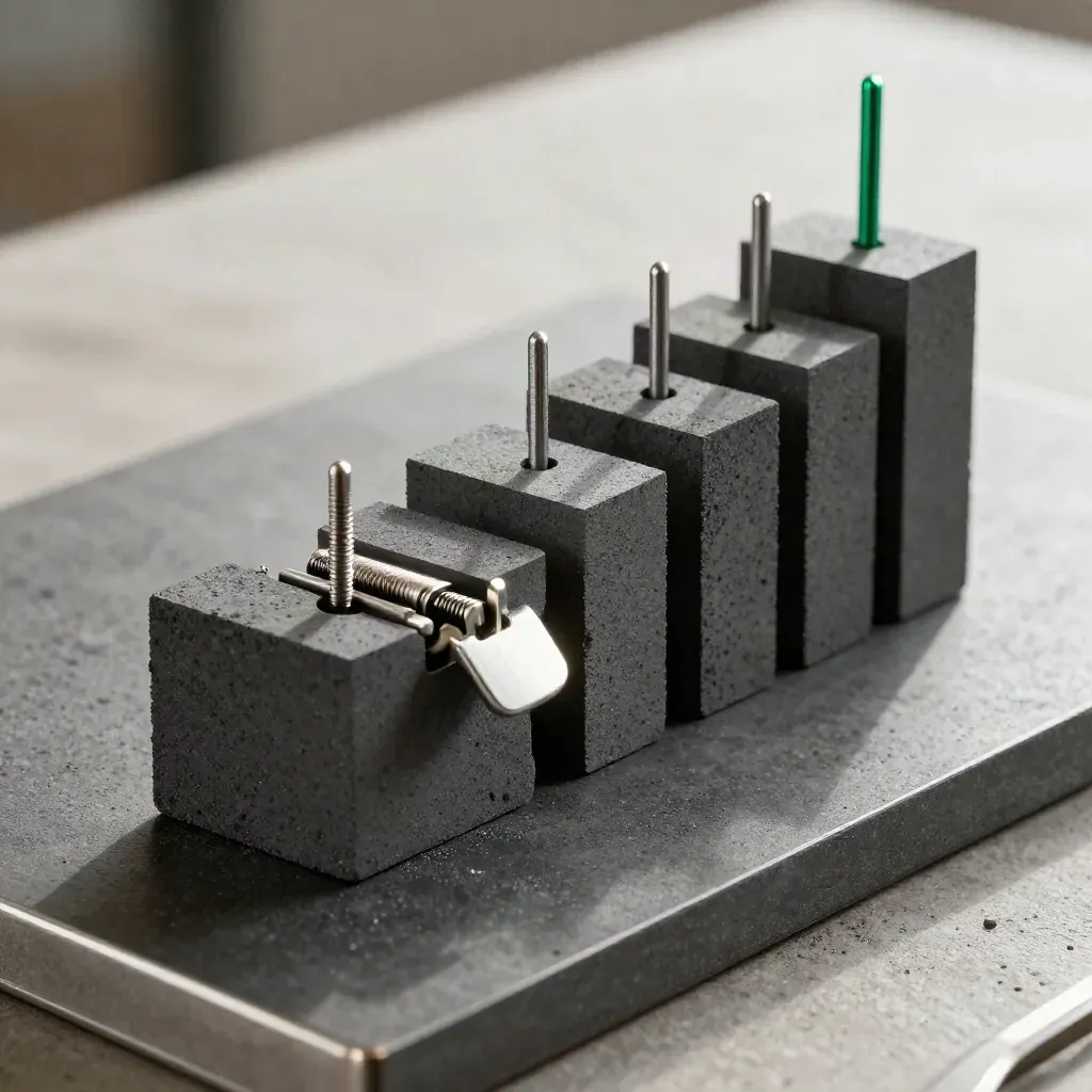 Machined blocks and a spring latch stepping diagonally on graphite concrete with soft daylight.