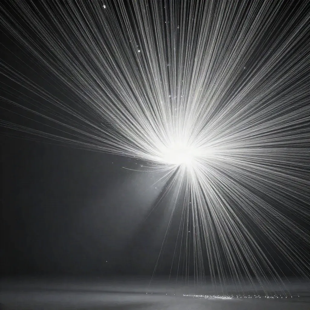 Silver light filaments converge into a soft white bloom in dark graphite space.
