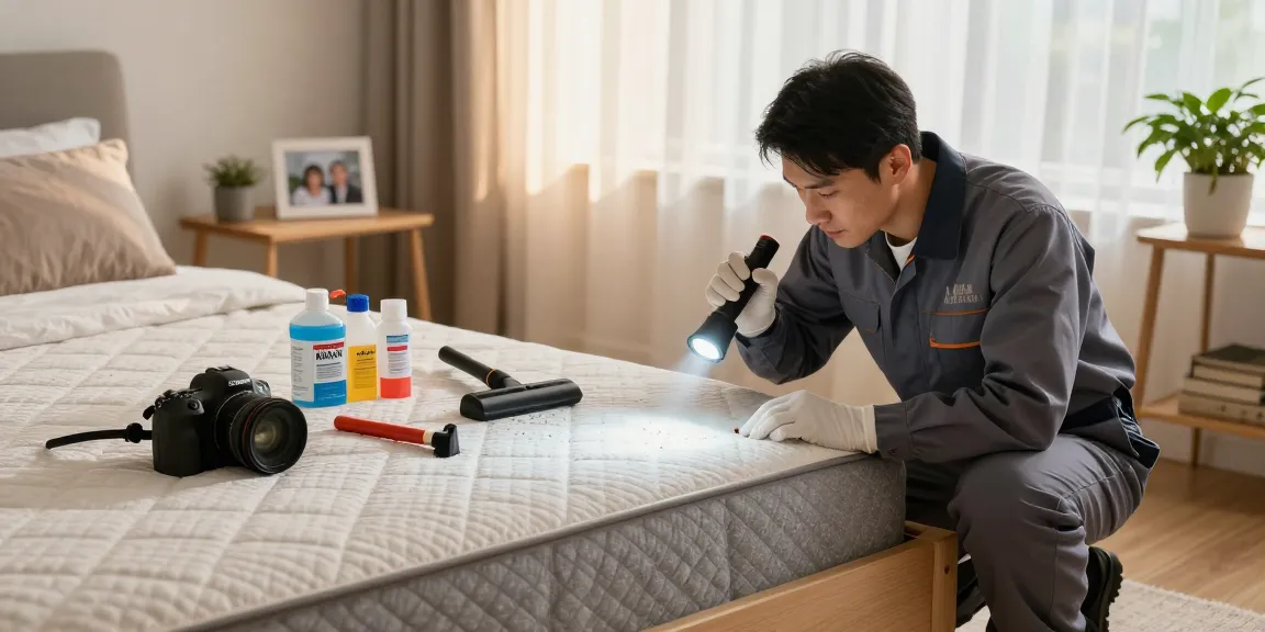Professional technician performing bed bug removal inspection in cozy bedroom