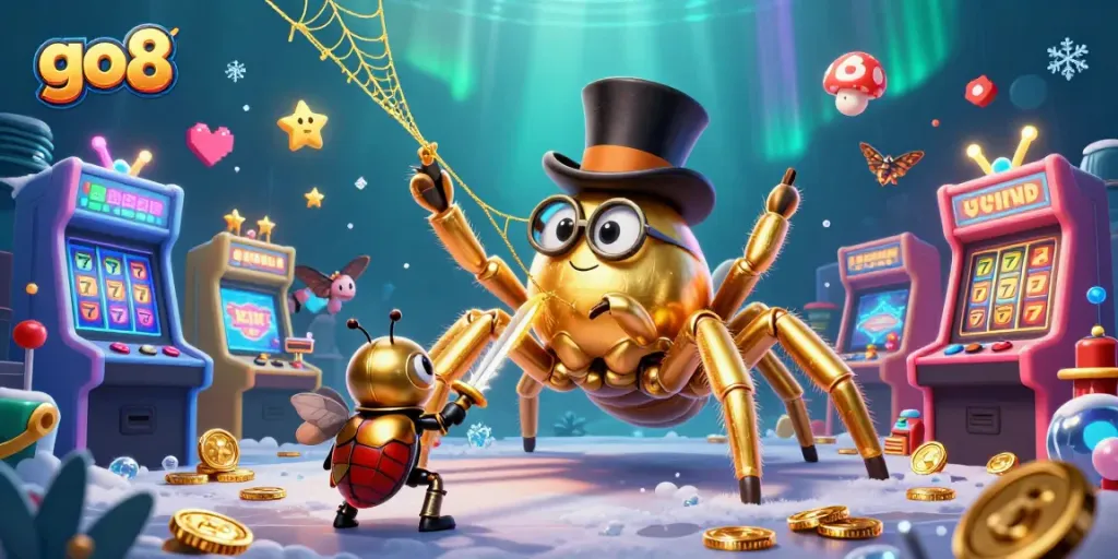Engage with go8’s vibrant casino scene featuring golden characters and dynamic gaming elements.