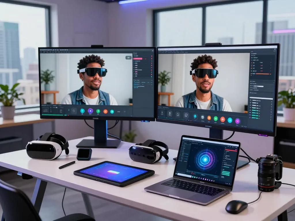 A developer utilizing kling 2.12 in a modern video creation studio, showcasing AI animation capabilities amidst a vibrant tech workspace.