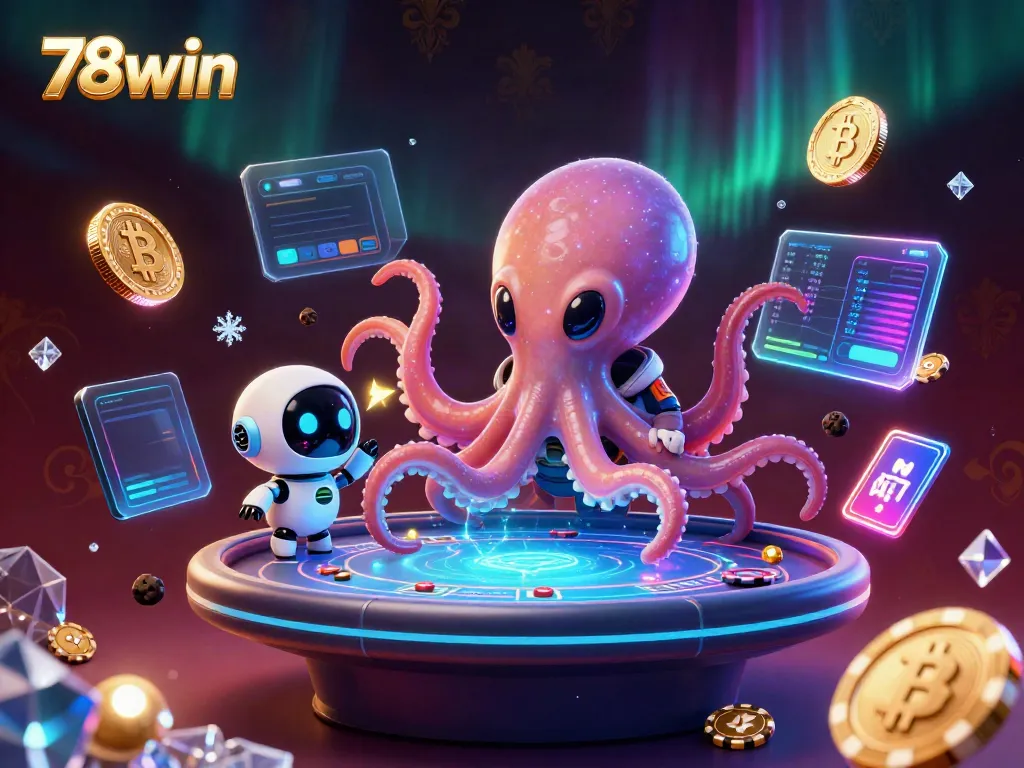 Experience gaming excitement at 78win, featuring a dynamic alien octopus and vibrant cryptocurrency elements.