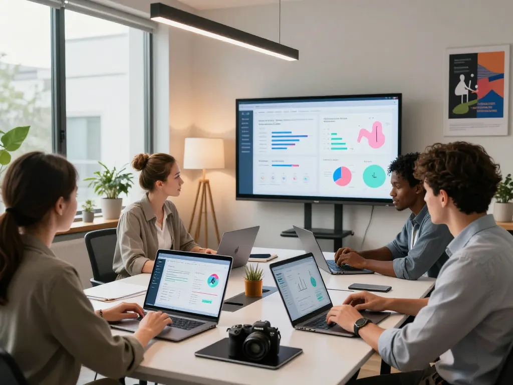 Collaborative workspace focusing on sexual health AI developments with professionals engaged in discussion.
