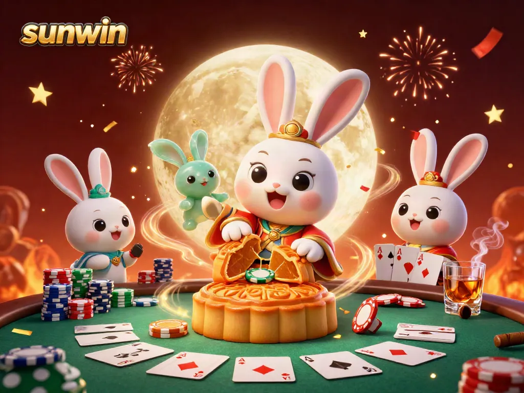 Experience the excitement of sunwin with a moon rabbit celebrating under fireworks while revealing poker chips.
