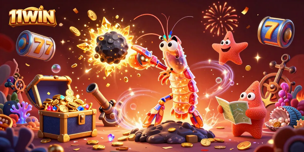 Experience big wins at 11WIN with an exciting and rich casino-themed illustration featuring vibrant elements.