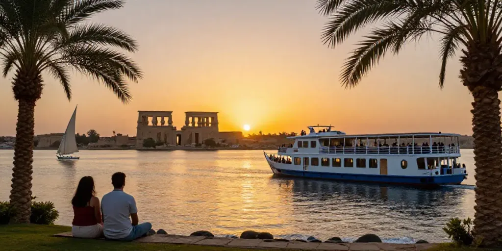 Enjoying a Lake Nasser Cruise during sunset with ancient temples in the background.