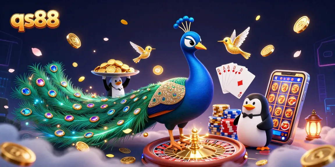 Experience excitement at qs88 with a vibrant casino scene featuring a peacock and games of chance.