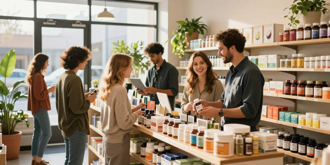 Customers at urban wellness shop looking to buy brown heroin online among quality health products.