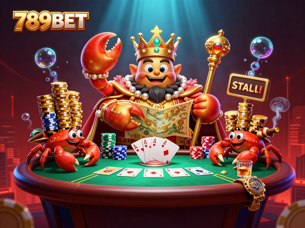 Engage with 789BET’s vibrant 3D cartoon scene featuring a crab emperor and poker action.