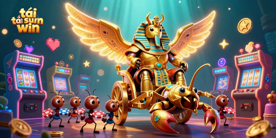Engage with tải sun win as a colossal golden scarab rides a chariot amidst thriving casino elements.